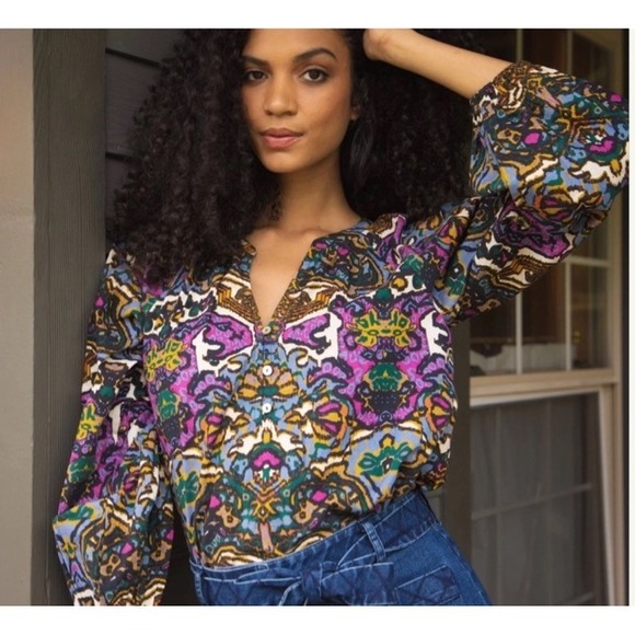 Cleobella Tops - Cleobella Felicia‎ Blouse In Mosaic Ikat Long Puff Sleeve Boho Colorful Size XL